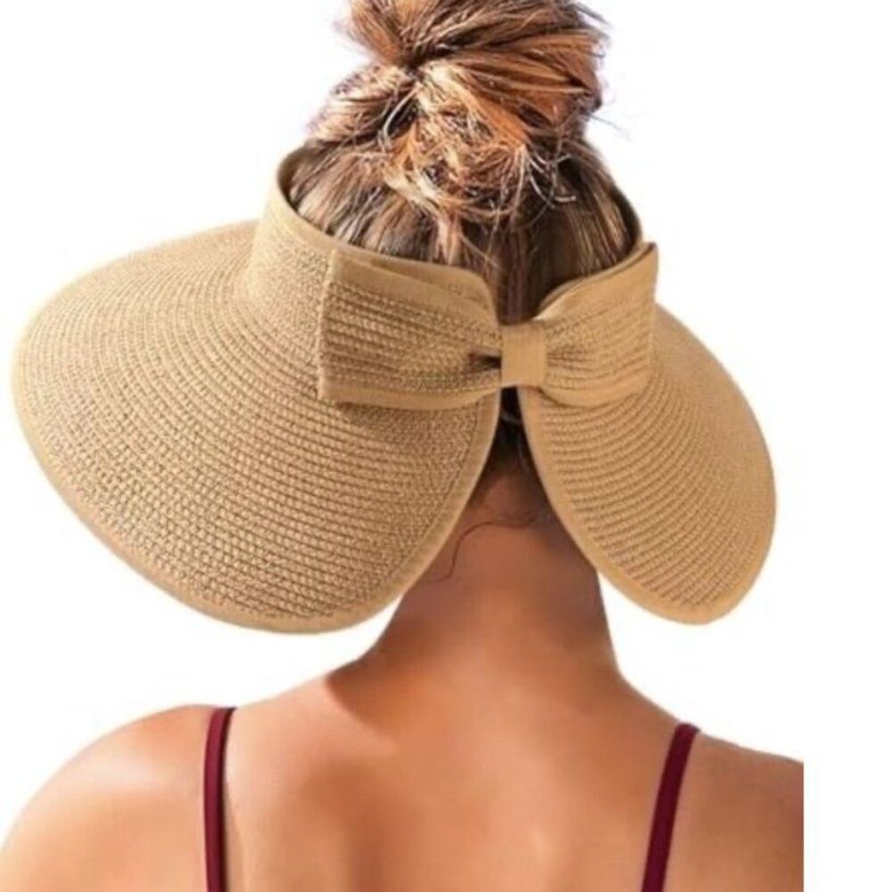 Magid Women's Tan Straw Open Top Wide Brimmed Bow Accent Roll-Up Sun Visor Hat